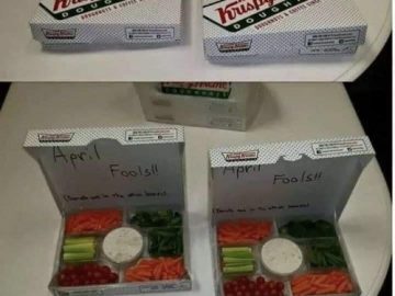 Krispy Kreme box reveals veggie tray surprise prank.