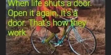 Kermit on a bike with text about opening doors when life shuts them.