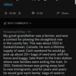 Reddit meme about winning a lifetime supply of seeds in 1910.