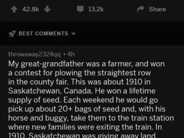 Reddit meme about winning a lifetime supply of seeds in 1910.