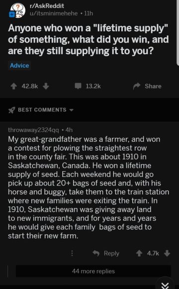 Reddit meme about winning a lifetime supply of seeds in 1910.