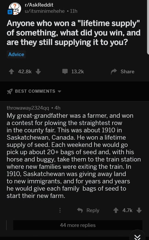 Reddit meme about winning a lifetime supply of seeds in 1910.