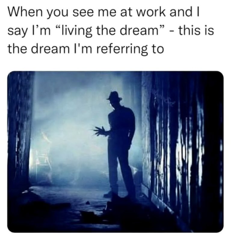 Silhouette of a man with blades joking about work being a nightmare.