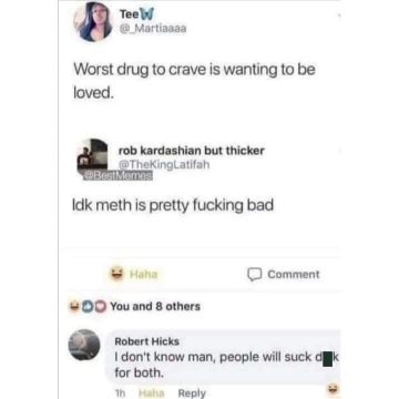 Meme comparing the craving for love to meth addiction humorously.