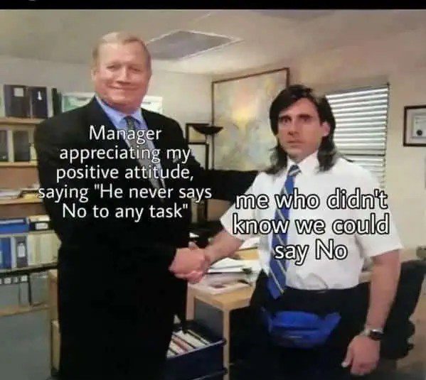 Two office workers shaking hands, one not realizing you can say no.