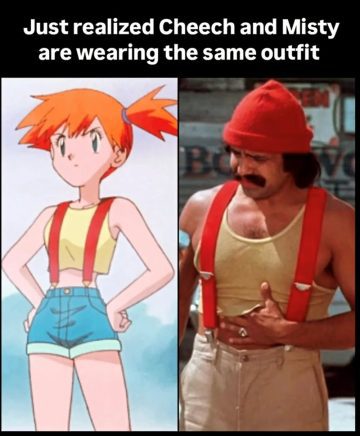 Cheech and Misty wearing identical outfits side-by-side.
