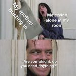 A mother dramatically interrupts a daughter crying with humor.