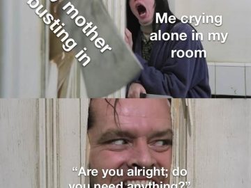 A mother dramatically interrupts a daughter crying with humor.