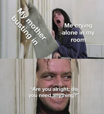 A mother dramatically interrupts a daughter crying with humor.