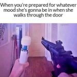 Image of someone humorously arming for mood swings with household items.