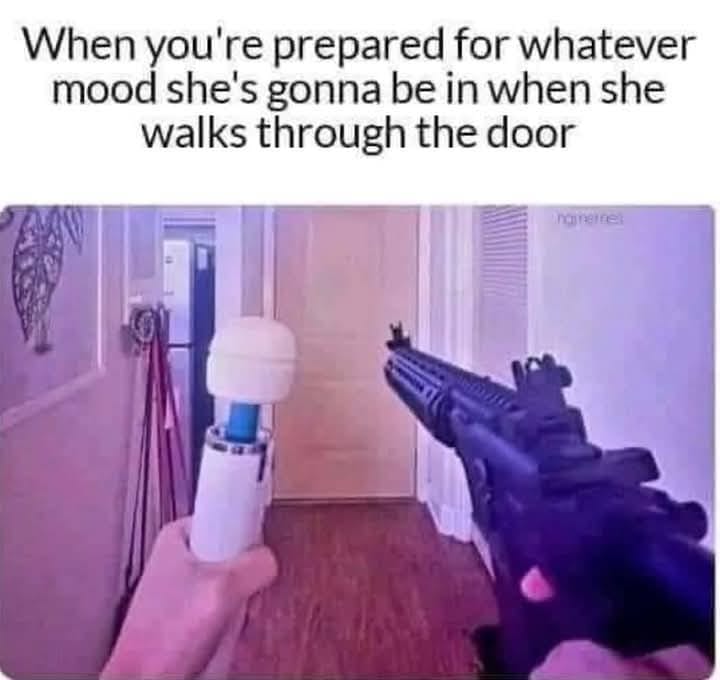 Image of someone humorously arming for mood swings with household items.