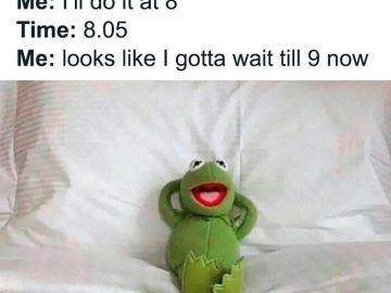 Kermit the Frog relaxing on a bed, captioned about procrastination.