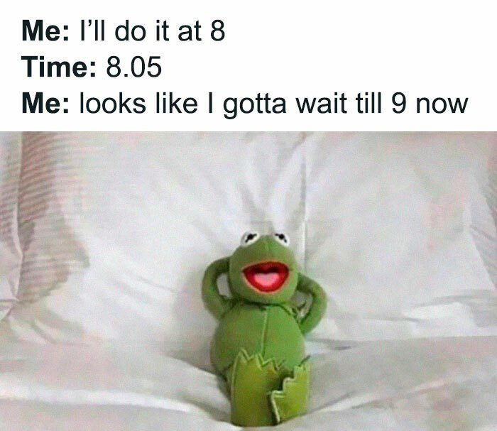 Kermit the Frog relaxing on a bed, captioned about procrastination.