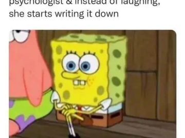 Spongebob looking anxious as therapist writes notes instead of laughing