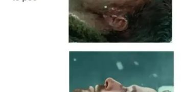 Man lying down, too tired to pee, too full to sleep, relatable meme