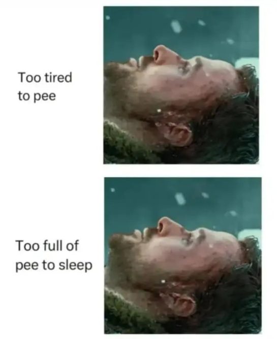 Man lying down, too tired to pee, too full to sleep, relatable meme