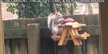 Squirrel enjoying a tiny picnic table with snacks on a fence.