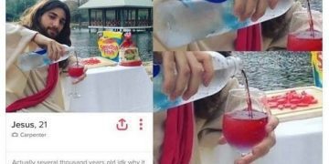 Jesus-themed Tinder profile with wine pouring humor.