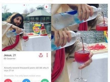 Jesus-themed Tinder profile with wine pouring humor.