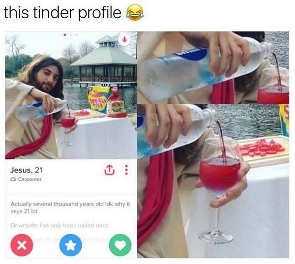 Jesus-themed Tinder profile with wine pouring humor.