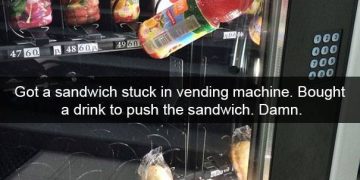 Sandwich and drink stuck in a vending machine in a comical fail.