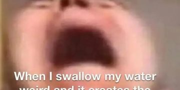Meme showing a funny reaction to swallowing water weirdly.