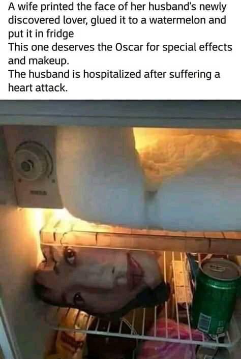 Watermelon with a face prank in fridge causes husband's heart attack