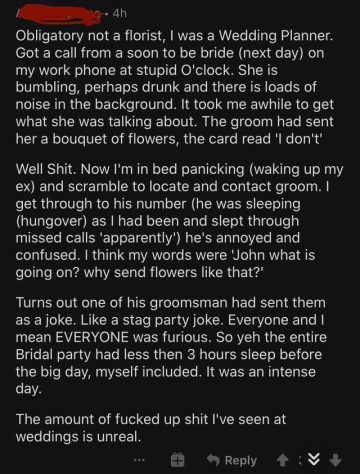 Wedding planner shares story of prank gone wrong at a wedding.