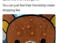 Teddy bear meme showing awkward expression about wrong dialogue choices.