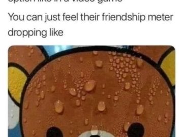 Teddy bear meme showing awkward expression about wrong dialogue choices.