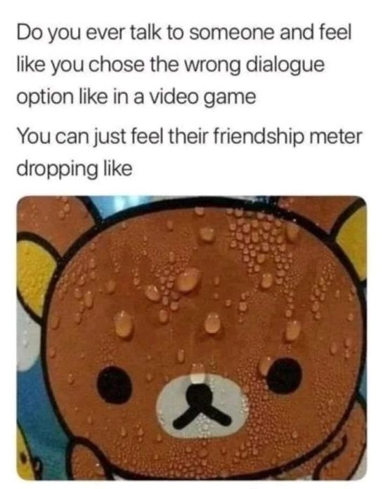 Teddy bear meme showing awkward expression about wrong dialogue choices.
