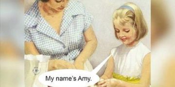 Vintage-style meme of mother mistaking child's name, humorously awkward.