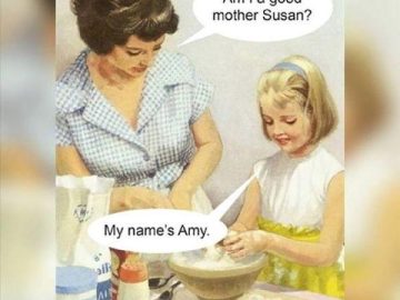 Vintage-style meme of mother mistaking child's name, humorously awkward.