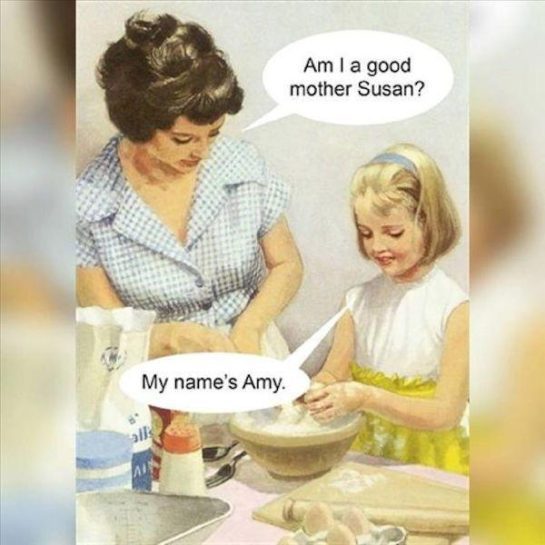 Vintage-style meme of mother mistaking child's name, humorously awkward.