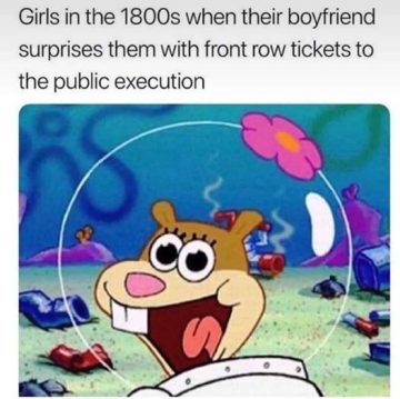 Cartoon character with excited expression about historical event.