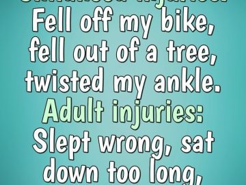 Meme comparing childhood injuries to adult injuries with humorous text.