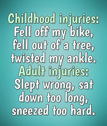 Meme comparing childhood injuries to adult injuries with humorous text.