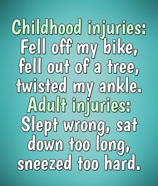 Meme comparing childhood injuries to adult injuries with humorous text.
