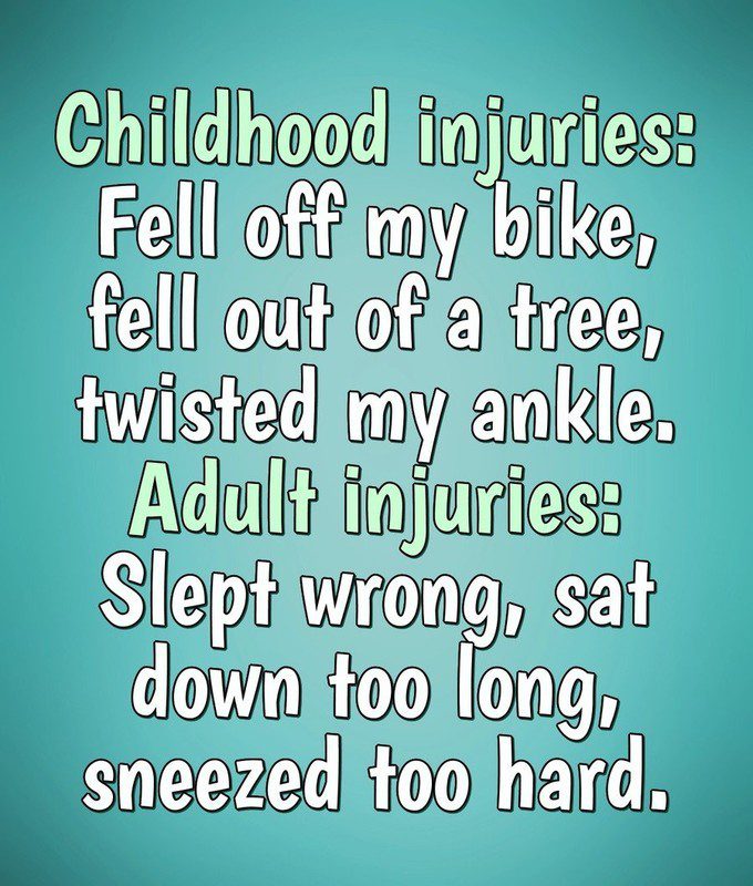 Meme comparing childhood injuries to adult injuries with humorous text.