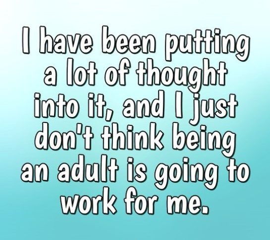 Humorous text meme about reconsidering adulting.