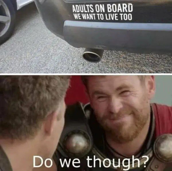 Car bumper sticker with "Adults on board, we want to live too" and movie character smirking.