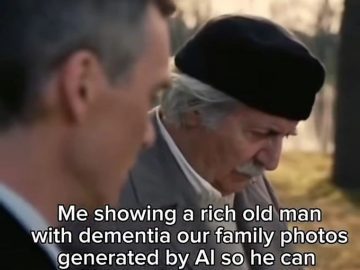 Person showing AI-generated family photo to an elderly man.