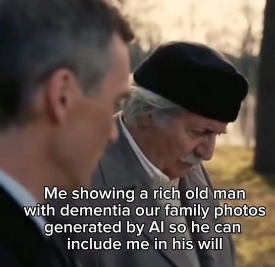 Person showing AI-generated family photo to an elderly man.