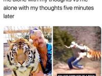 Meme showing peaceful and chaotic versions of alone time with thoughts