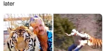 Meme showing peaceful and chaotic versions of alone time with thoughts