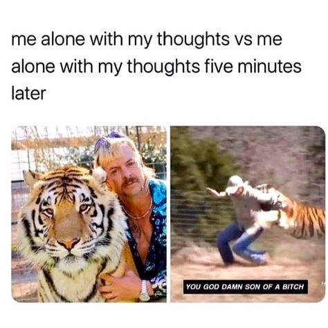 Meme showing peaceful and chaotic versions of alone time with thoughts