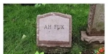 Tombstone with "Ah Fuk" caption about anxiety aftermath.
