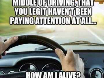 Hands on steering wheel with humorous text about not paying attention while driving.