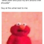 Elmo with surprised face in awkward bathroom situation meme