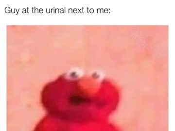 Elmo with surprised face in awkward bathroom situation meme
